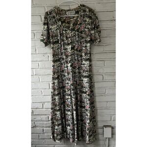 VTG‎ Maggie Lawrence Cottage Cream Green Rose Core  Floral Maxi Dress size Small